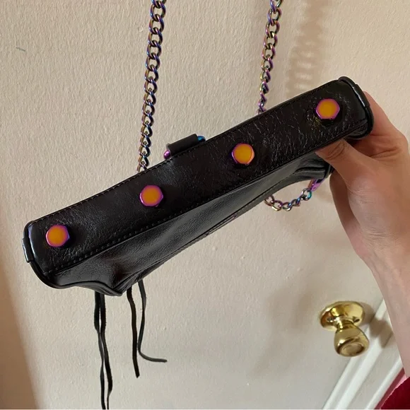 Rebecca Minkoff Black Leather Bag with Rainbow Oil Slick Hardware - Picture 7 of 14